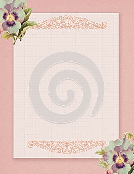 Printable vintage shabby chic style floral rose stationary on green paper background