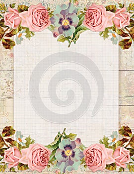 Printable vintage shabby chic style floral rose stationary on wood background