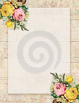 Printable vintage shabby chic style floral rose stationary on wood background