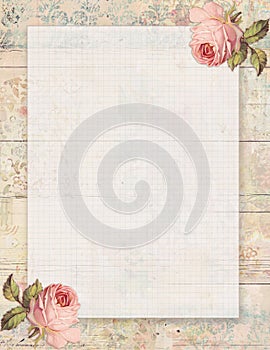 Printable vintage shabby chic style floral rose stationary on wood background