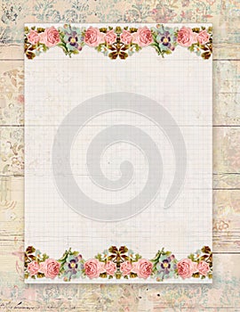 Printable vintage shabby chic style floral rose stationary on wood background