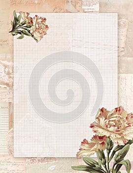 Printable vintage shabby chic style floral rose stationary on wood background