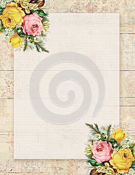 Printable vintage shabby chic style floral rose stationary on wood background photo