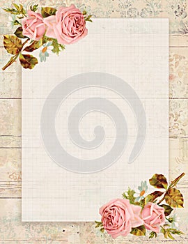 Printable vintage shabby chic style floral rose stationary on wood background