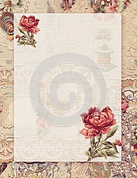 Printable vintage shabby chic style floral stationary on antique victorian collaged paper background photo