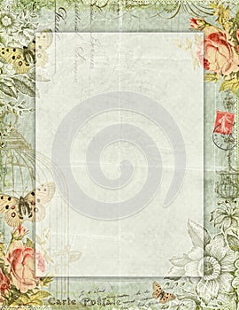 Printable vintage shabby chic style floral stationary with butterflies photo
