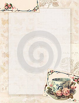 Printable vintage shabby chic style teacup and roses stationary or background photo