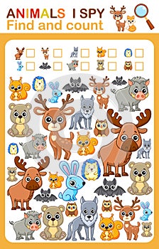 Printable worksheet for kindergarten and preschool book page i spy. Count wild animal.