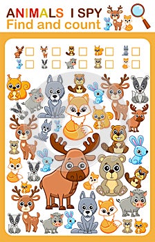 Printable worksheet for kindergarten and preschool book page i spy. Count wild animal.