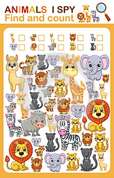 Printable worksheet for kindergarten and preschool book page i spy. Count zoo animal.