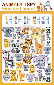 Printable worksheet for kindergarten and preschool book page i spy. Count zoo animal.