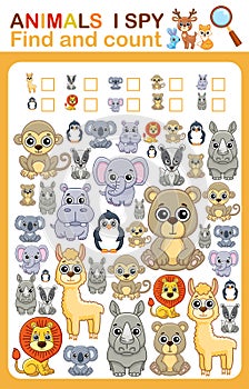 Printable worksheet for kindergarten and preschool book page i spy. Count zoo animal.