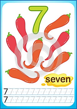 Printable worksheet for kindergarten and preschool. Exercises for writing numbers. Bright Vegetable harvest chili pepper, pumpkin,