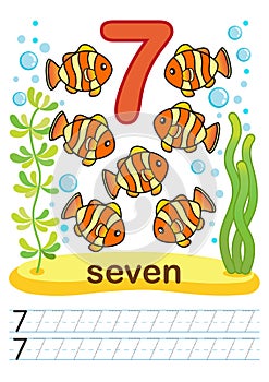 Printable worksheet for kindergarten and preschool. We train to write numbers. Math exercises. Bright figures on a marine