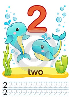 Printable worksheet for kindergarten and preschool. We train to write numbers. Mathe exercises. Bright figures on a marine backgro