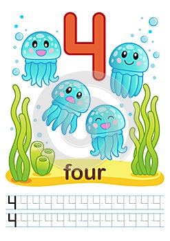 Printable worksheet for kindergarten and preschool. We train to write numbers. Mathe exercises. Bright figures on a marine backgro