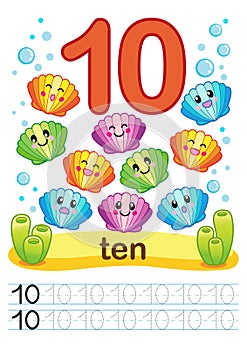 Printable worksheet for kindergarten and preschool. We train to write numbers. Mathe exercises. Bright figures on a marine backgro