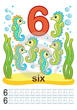 Printable worksheet for kindergarten and preschool. We train to write numbers. Mathe exercises. Bright figures on a marine backgro