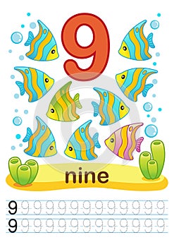 Printable worksheet for kindergarten and preschool. We train to write numbers. Mathe exercises. Bright figures on a marine backgro