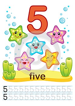 Printable worksheet for kindergarten and preschool. We train to write numbers. Mathe exercises. Bright figures on a marine backgro