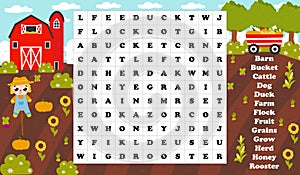 Printable worksheet word search with farm barn and scarecrow with garden with harvest of pumpkin