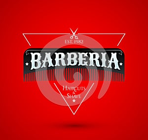 PrintBarberia, Barbershop spanish text, vector emblem design with hair comb photo