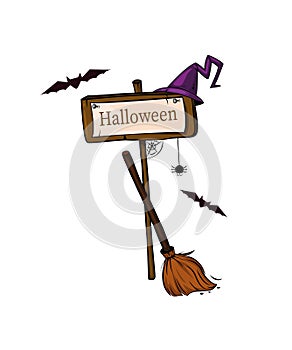 PrintBeautiful Halloween illustration with mystic wood waymark and witch hat . poster design.