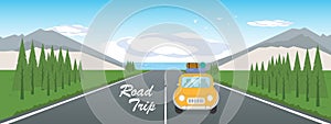 PrintCartoon style of vintage style yellow car with baggages for road trip traveling. photo