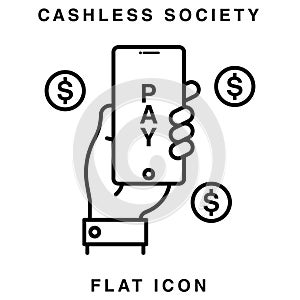 PrintCashless payment. Payment with smartphone icon, online mobile payment linear sign. smartphone payment. Cashless society flat