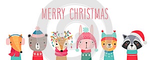 PrintChristmas card with Cute animals. Hand drawn characters. Greeting flyers.