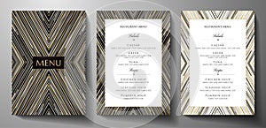 PrintDesign restaurant menu template with gold, black, silver glitch lines on black background