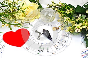 Printed astrology birth chart and white flowers, heart, pendulum and clear quartz crystal spheres, love affair astrology blueprint