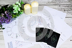 Printed astrology charts and tarot cards, work place for astrologer, life mapping, blueprint of life, forecasting for future, with