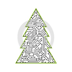 Printed circuit board black and white computer technology christmas tree card template, vector