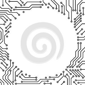 Printed circuit board black and white computer technology circle frame template, vector