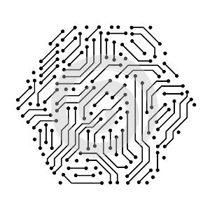 Printed circuit board black and white computer technology elements in a shape of a hex, vector