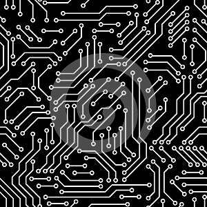 Printed circuit board black and white computer technology seamless pattern, vector