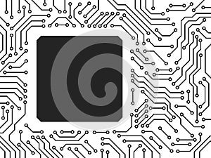 Printed circuit board black and white computer technology square frame template, vector