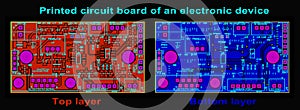 A printed circuit board of an electronic device (top and bottom layer).