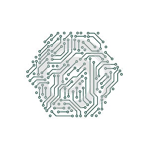 Printed circuit board green and white computer technology elements in a shape of a hex, vector