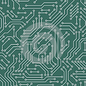 Printed circuit board green and white computer technology seamless pattern, vector