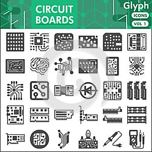 Printed circuit board line icon set, micro chip symbols collection or sketches. PCB glyph with headline linear style