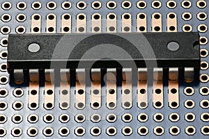 Printed circuit board and microchip closeup - electronic component for digital equipment, concept for development of electric