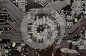 Printed circuit board and microchip, or cpu closeup - electronic component for digital equipment, concept for development of