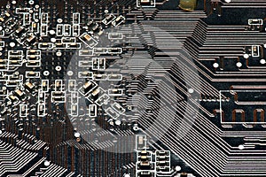 Printed circuit board and microchip, or cpu closeup - electronic component for digital equipment, concept for development of