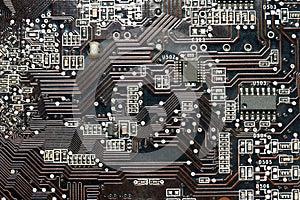 Printed circuit board and microchip, or cpu closeup - electronic component for digital equipment, concept for development of