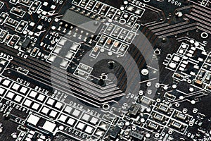 Printed circuit board and microchip, or cpu closeup - electronic component for digital equipment, concept for development of