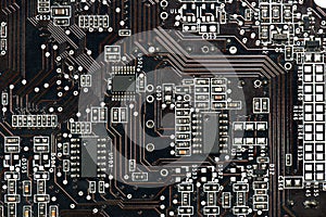 Printed circuit board and microchip, or cpu closeup - electronic component for digital equipment, concept for development of