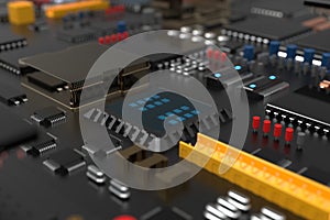 printed circuit board with microchips, processors and other computer parts