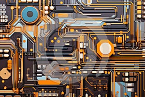 The printed circuit board of a modern computer. Motherboard for electronic systems and equipment